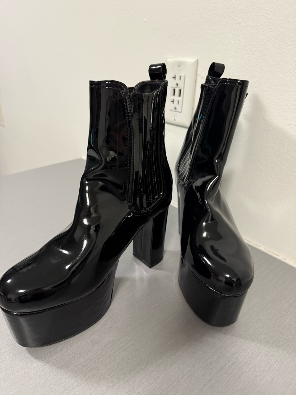 Fashion Nova Black Patent Platform Ankle Boots Size 10
